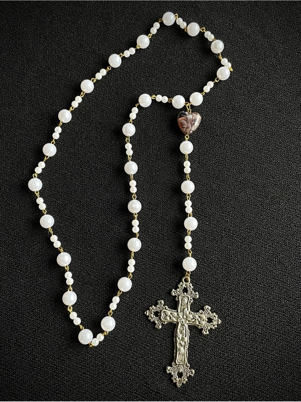 Long Beaded Rosary Necklace with Large Silver Cross